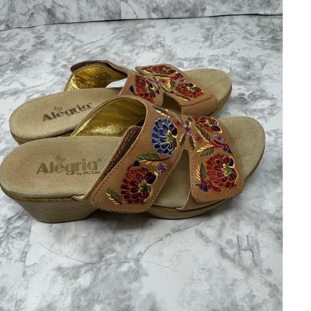 Alegria PG Lite 🦋Leather Floral Embroidered‎ Wedge Slide Sandals BOHO 38 7.5-8